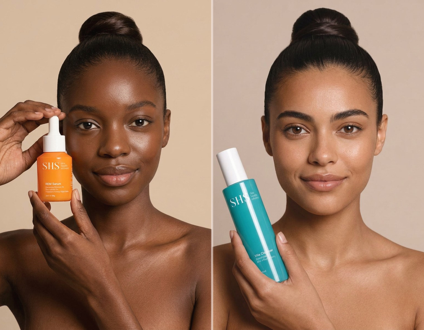 Approved me.beauty models holding REM Serum and Vita Cleanser