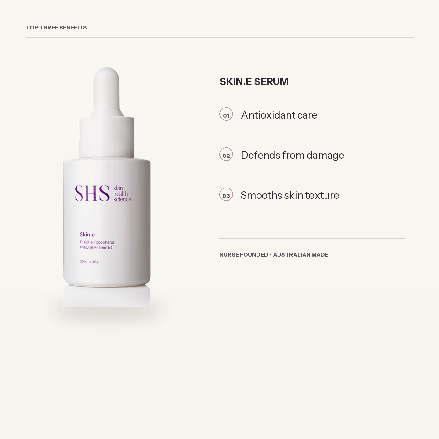 Skin.e Serum by Skin Health Science with its top three benefits