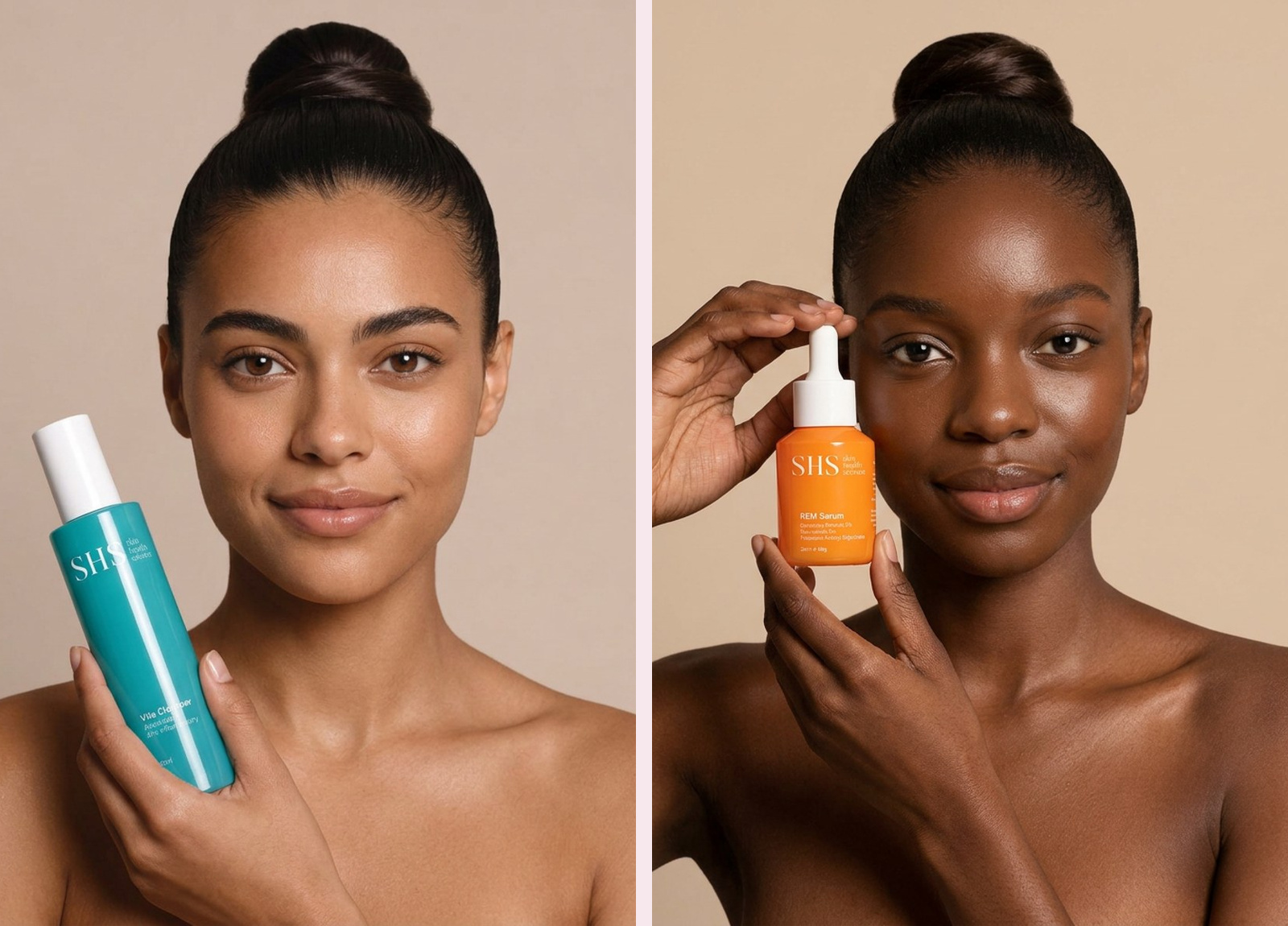 Approved me.beauty campaign models holding Skin Health Science Vita Cleanser and REM Serum