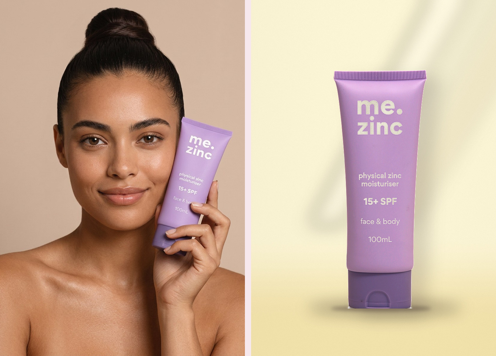 Approved me.beauty campaign model with me.zinc alongside the real SPF 15+ tube