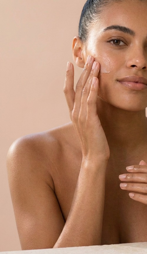 One of our banner models applying skincare for the cleanse step